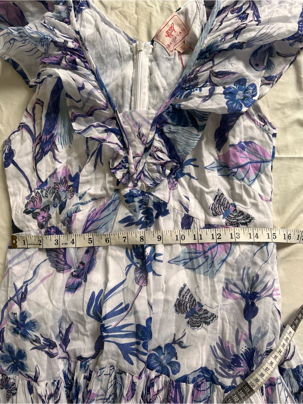 Banjanan White Maxi Dress with Blue Floral Print 100% Cotton Gladys - Picture 12 of 14